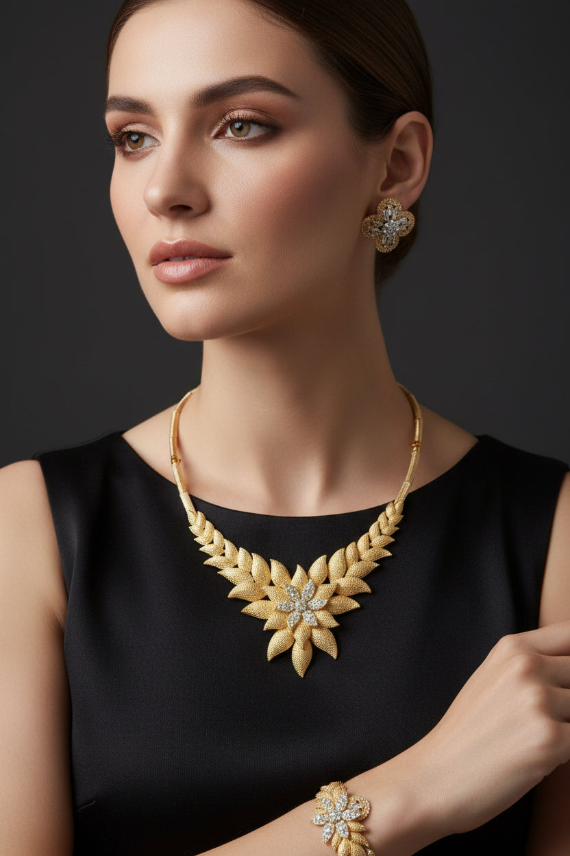 Gold jewelry set featuring a necklace and matching earrings displayed on a red velvet jewelry box, set against a black fabric background.